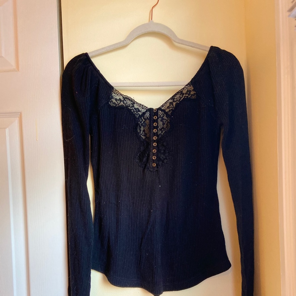 FREE PEOPLE Black Top with Lace Details